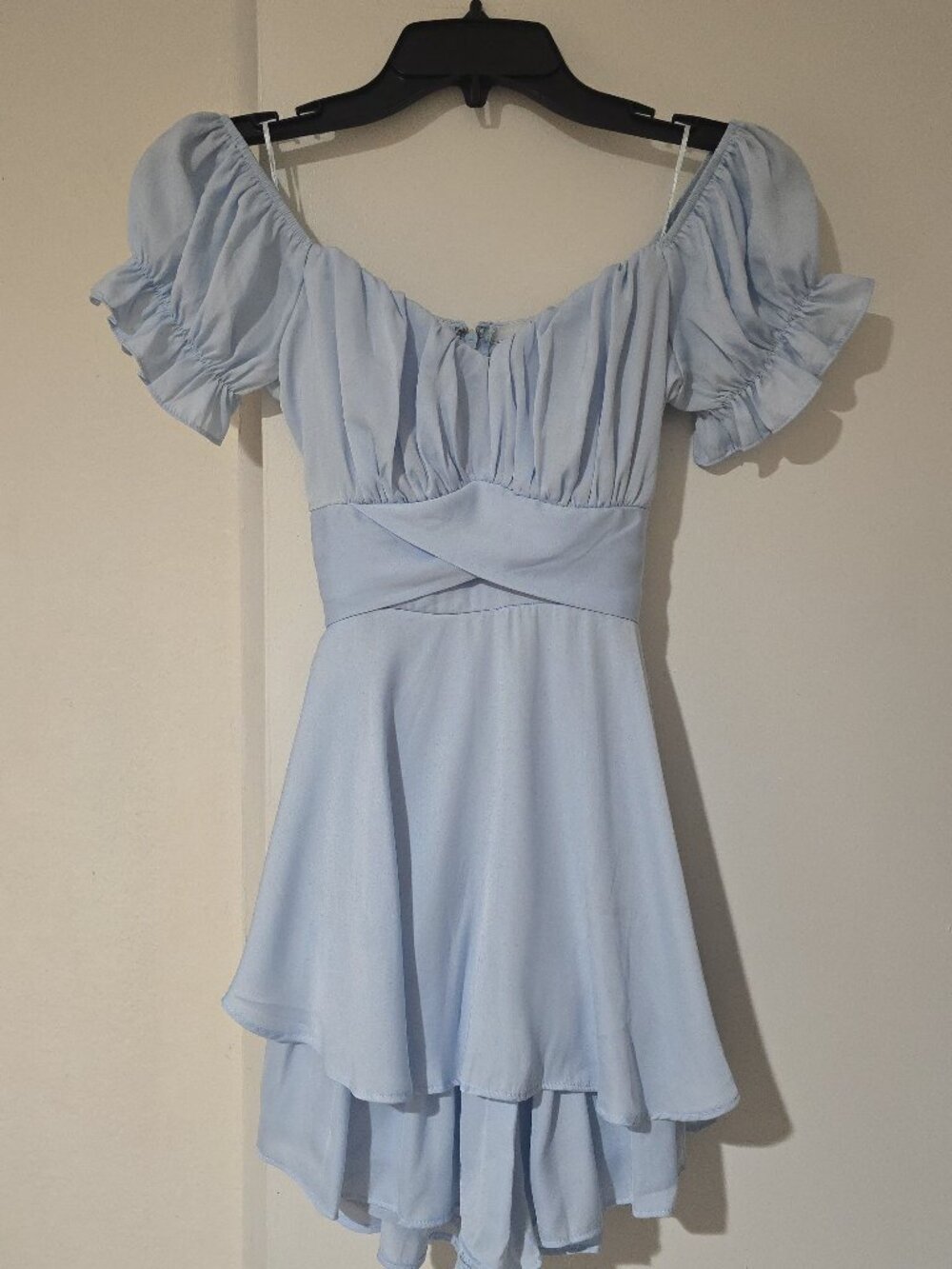 Cellecci Baby Blue Off-Shoulder Puff Sleeve Romper Skort, Ruffle Coquette Cinder